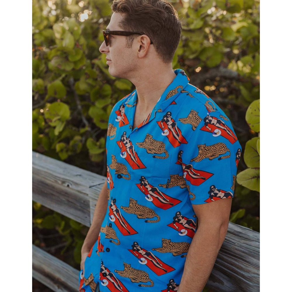 Baja Llama Purrfect Woman Blue Nighthawk Button Up Shirt Mens Large Pinup Cat